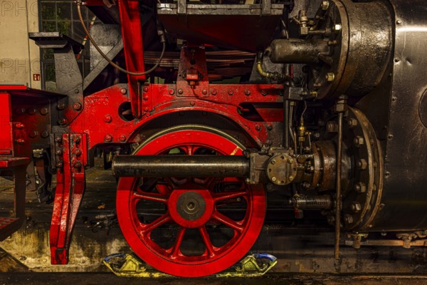 Wheelwork of a historic steam locomotive owned by the Free State of Bavaria, Eisenbahnmuseum, Augsburg railway park, administrative district of Swabia, Bavaria, Germany