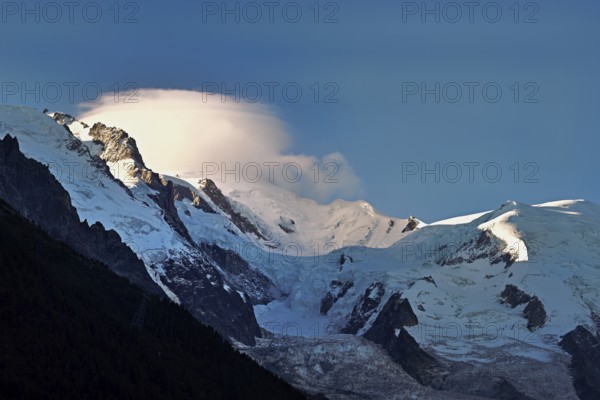 Glaciers in the evening light, in the Mont-Blanc clouds, Chamonix-Mont-Blanc, Haute-Savoie, France