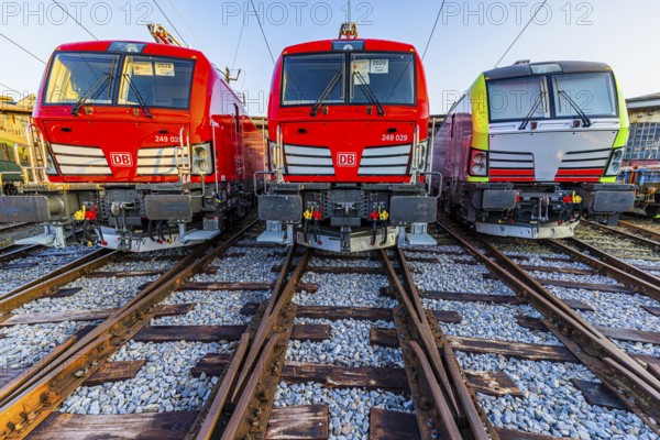 Modern locomotives of the Austrian Federal Railways, ÖBB, and Deutsche Bahn, DB, parked in front of the old lock shed, Augsburg railway park, administrative district of Swabia, Bavaria, Germany