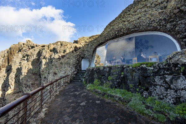 Panoramic window at the Mirador del Río viewpoint, designed by artist César Manrique, Lanzarote, Canary Islands, Spain