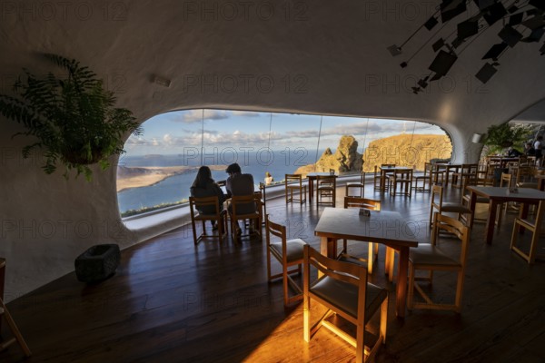 Cafe with panoramic window, interior at the Mirador del Río viewpoint, designed by artist César Manrique, Lanzarote, Canary Islands, Spain