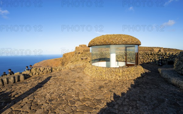 Staircase and viewing platform at the Mirador del Río viewpoint, in the evening light, designed by artist César Manrique, Lanzarote, Canary Islands, Spain
