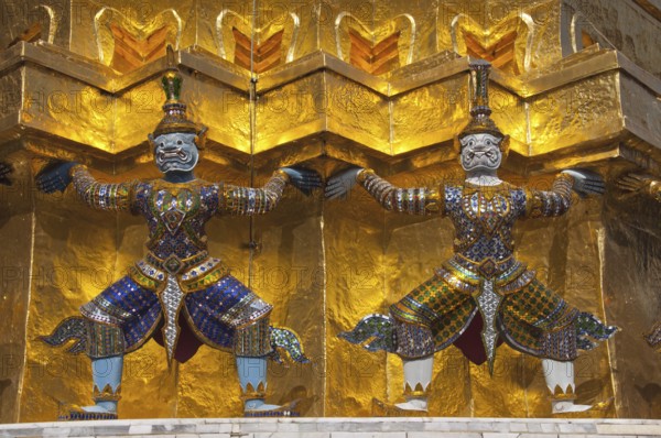 Golden Chedi in Front of the Pantheon, Carried by Twenty Monkeys and Demons, Wat Phra Kaeo Grand Palace (Temple of the Emerald Buddha), Bangkok, Thailand, Southeast Asia, Asia