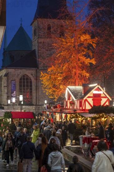 Christmas market in Essen, gastronomy, fire forest, at Essen Cathedral, Kettwiger Straße shopping street, pedestrian zone, full, lots of people shopping, Christmas lights, Christmas market stalls, Essen Light Weeks, Essen, North Rhine-Westphalia, Germany