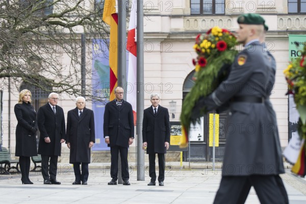Julia Klöckner (President of the German Bundestag), Frank-Walter Steinmeier (Federal President), H.E. Sergio Mattarella (Italian President), Friedrich Merz (Federal Chancellor) and Prof. Dr. Stephan Harbarth (President of the Federal Constitutional Court) in front of the New Guard following the laying of a wreath on Memorial Day in the Central Memorial of the Federal Republic of Germany for victims of war and tyranny. Berlin, 16.11.2025