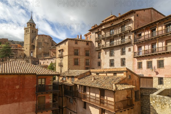 Historic buildings in medieval village of Albarracín, Teruel province, Aragon, Spain view to cathedral church of San Salvador