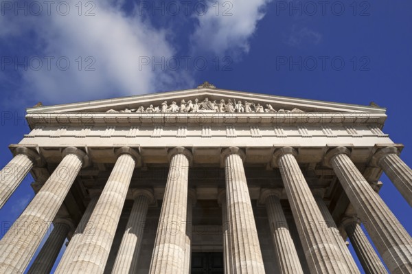 Tympanum sitting on it with sculptures, front of the Valhalla Memorial, honoring important personalities since 1842, Danube run, Upper Palatinate, Bavaria, Germany