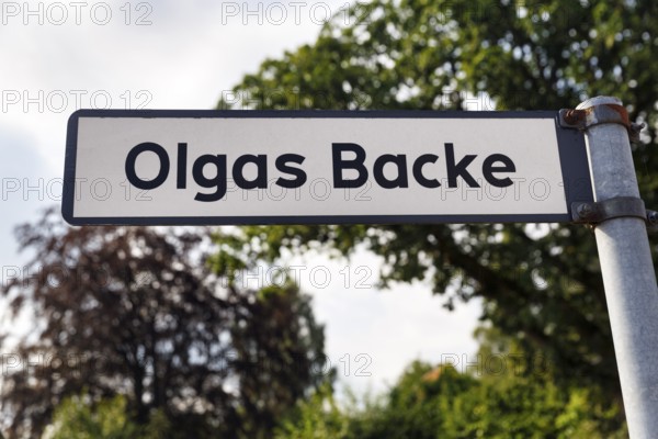 Funny street name, road sign with the inscription Olgas Backe, Kungsbacka, Hallands län, Sweden