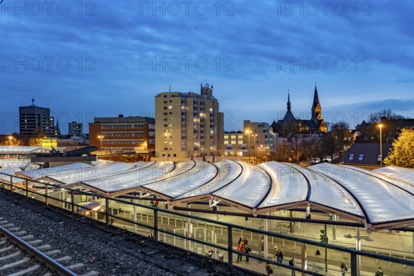 Skyline of Essen-Steele, high-rise building of the Kaiser-Otto-Residenz seniors residence, St. Lawrence, roof of the S-Bahn and bus station, public transport hub Steeler Platz, Essen North Rhine-Westphalia, Germany