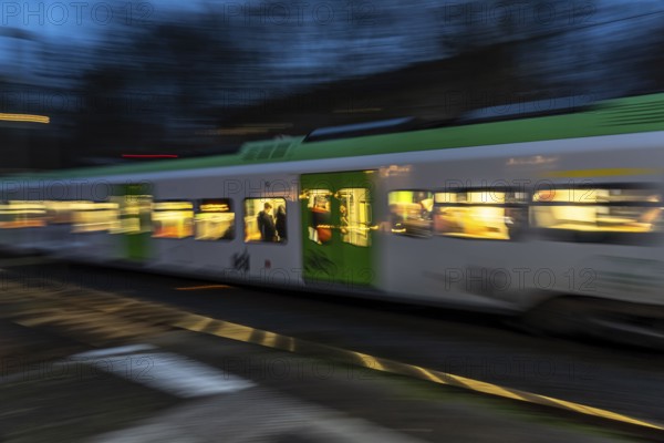 S-Bahn train on the way, at Essen-Steele tram station, North Rhine-Westphalia, Germany