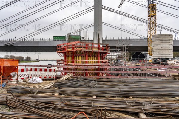 Duisburg-Neuenkamp Rhine bridge, the A40 motorway, construction of the second bridge begins, bridge pillars are being built on the Du-Homberg side of the Rhine, North Rhine-Westphalia, Germany