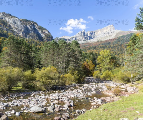 Mountain landscape view river at Selva de Oza, Valle de Hecho, Pyrenees Mountains, Huesca province, Aragon, Spain