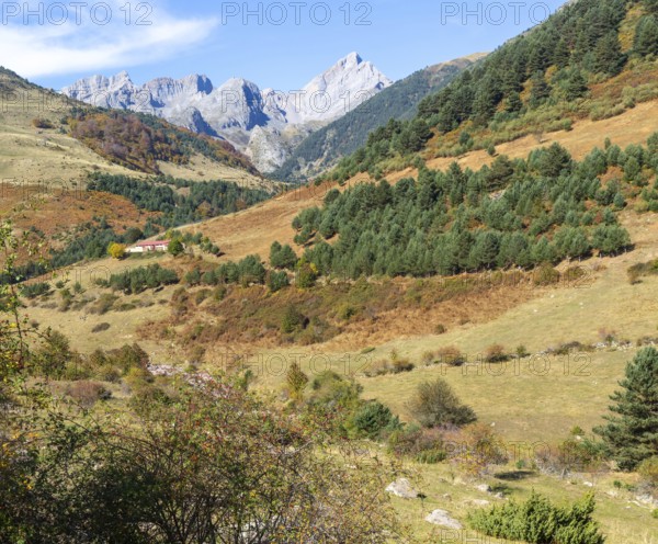 Mountain landscape Guarrinza - La Mina, Aragon Subordan river valley, Parque Natural Valles Occidentales, Hecho, Pyrenees Mountains, Aragon, Spain