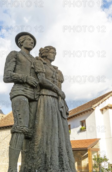 Traditional Cheso Costume statue sculpture, Echo or Hecho, Valle de Hecho, Huesca province, Aragon, Spain by José Gandul Igualador