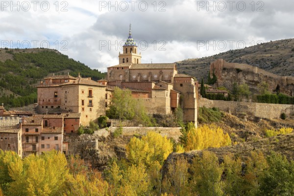 Historic buildings on hillside medieval village of Albarracin, Teruel province, Aragon, Spain