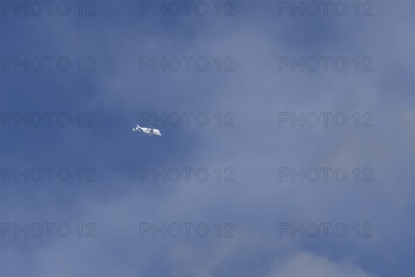 Airbus A330-743L Beluga XL cargo jet aircraft flying in a blue sky with white clouds, England, United Kingdom