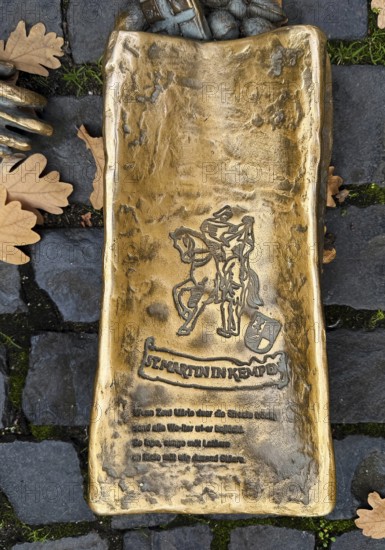 Martin bag of the sculpture entitled Saint Martin in Kempen by Michael Franke am Buttermarkt, detail, Lower Rhine, North Rhine-Westphalia, Germany