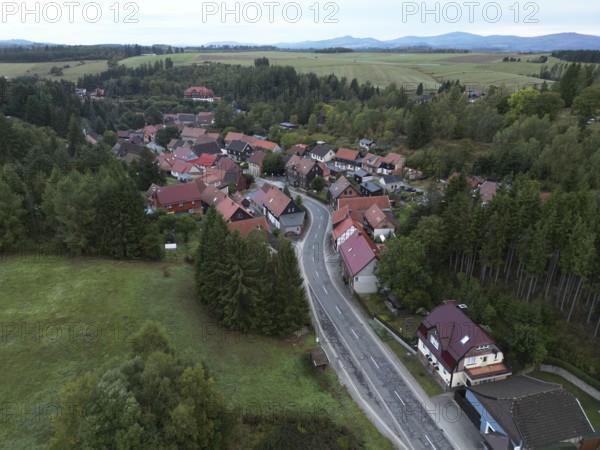 Street in the village of Trautenstein in the Harz Mountains, Saxony-Anhalt, Germany