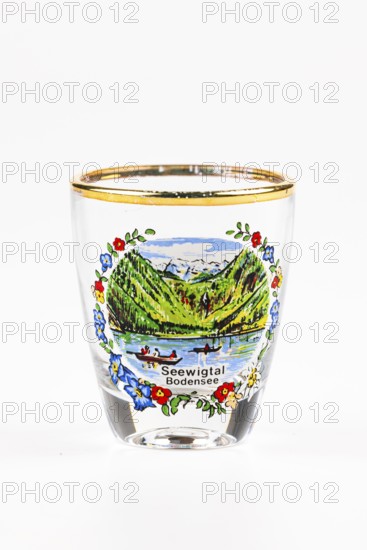 Schnapps glass with Seewigtal Lake Constance landscape motif, framed by colorful flowers