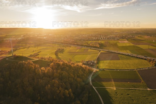 Extensive fields and forests under a wide sky at sunset, Grüner Heiner, Korntal, Germany