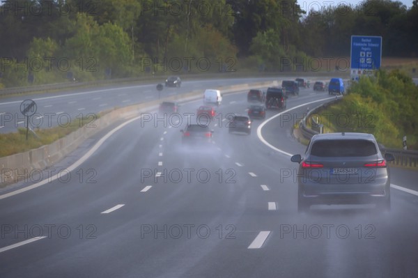 Tourist traffic on the A9 motorway when it rains, Bavarian Forest, Bavaria, Germany