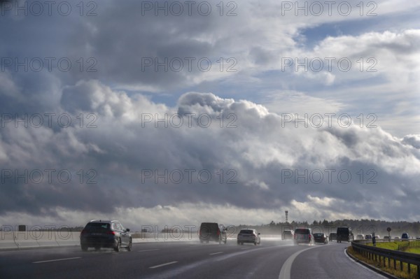 Tourist traffic on the A9 motorway during thunderstorms, Bayreuth, Upper Franconia, Bavaria, Germany