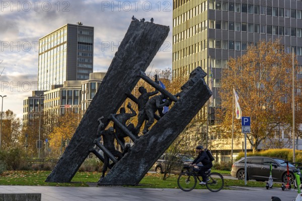 Downtown Essen, Miners' Monument Steile Lagerung, am Europaplatz, high-rise office buildings, at the main train station, North Rhine-Westphalia, Germany