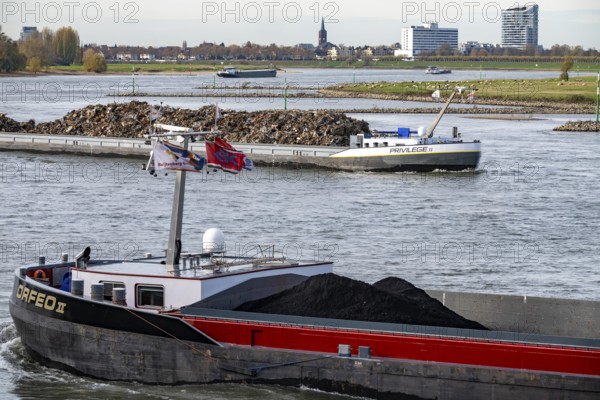 Dutch cargo ship Orfeo, brings power plant coal from the Netherlands to Mannheim, here on the Rhine near Düsseldorf, behind freighter with scrap metal, sails downhill, North Rhine-Westphalia, Germany