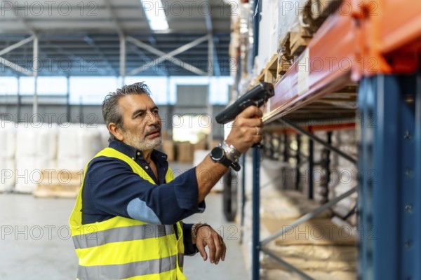 Mature man wearing a safety vest scanning barcodes on shelves with a handheld scanner, managing inventory and supply chain operations in a modern distribution warehouse facility