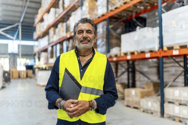 Experienced logistics manager standing in distribution warehouse, holding a clipboard and supervising goods, displaying efficiency and dedication to work in a modern industrial setting