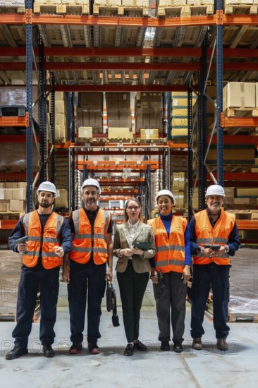 Diverse group of warehouse employees and a manager posing, smiling, and looking at the camera, wearing safety vests and hard hats in a modern logistics facility with racks of inventory