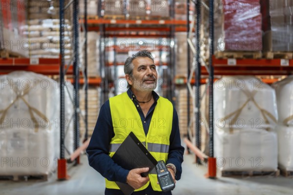 Experienced supply chain manager wearing a safety vest and holding a barcode scanner while carefully reviewing products on high racks in a large distribution warehouse