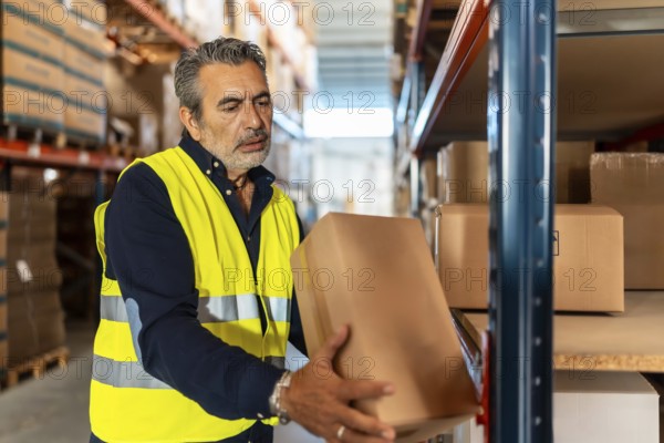 Man wearing reflective vest working in logistics distribution center, carefully placing a carton box on a shelf, managing inventory and stock in a busy supply chain facility