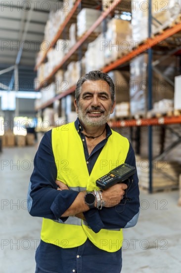 Middle aged man wearing safety vest and holding a barcode scanner, smiling, while standing with arms crossed in a large logistics warehouse with shelves of products