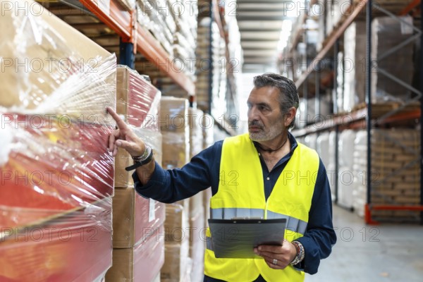 Male logistics manager in safety vest with clipboard inspecting wrapped boxes on warehouse racks, overseeing inventory, stock control and distribution operations with focused professionalism