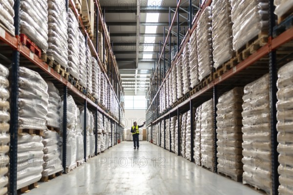 Man in safety vest reviewing stock levels and goods stored on tall shelves inside a large industrial warehouse, managing supply chain and efficient storage operations