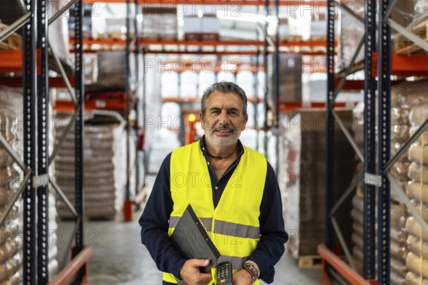 Experienced male manager holding a clipboard and scanner, standing in a busy logistics warehouse with shelves stacked high with products, ensuring efficient supply chain operations