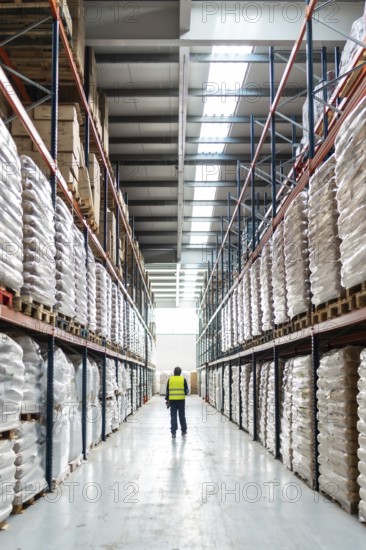 Warehouse worker in high visibility vest walks down a long aisle of towering racks filled with wrapped pallets and boxes, symbolizing efficient modern supply chain operations