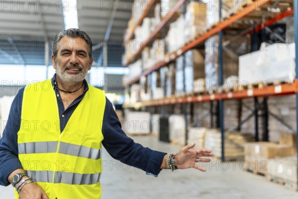 Senior hispanic man in a safety vest smiling while presenting warehouse operations and showing shelves with packages, representing efficiency and organization in logistics management