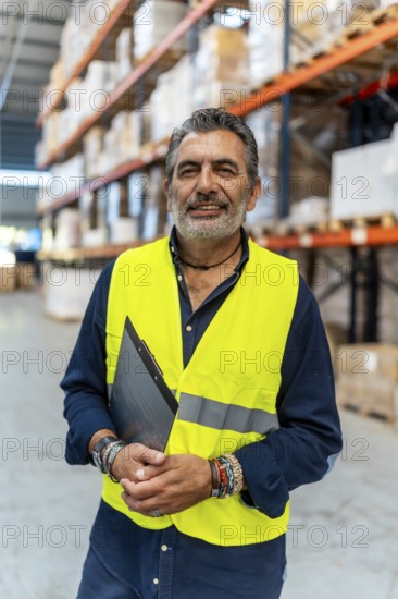 Mature warehouse manager smiling in safety vest with clipboard, standing confidently in busy aisle among pallets and shelves full of inventory, representing efficient logistics