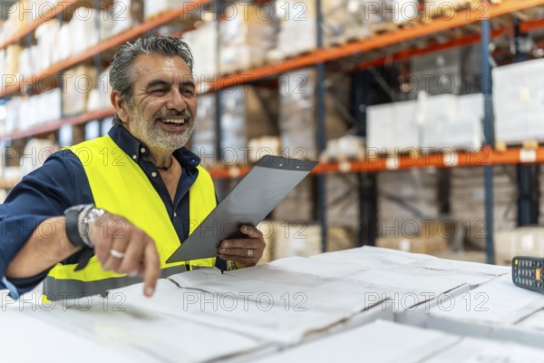 Male logistics supervisor wearing safety vest pointing and holding clipboard, smiling while inspecting stock and managing operations in a large distribution warehouse