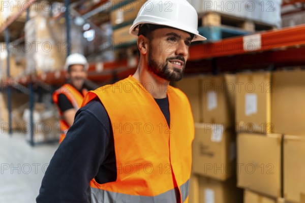 Man wearing an orange safety vest and white hard hat, working at a logistics warehouse with shelves stacked high with boxes, ensuring efficient operations