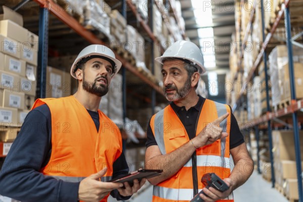 Two male warehouse workers wearing safety vests and hard hats discussing inventory with a digital tablet and barcode scanner, standing between tall racks of stacked boxes