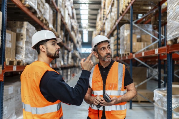 Two male workers wearing hard hats and safety vests are discussing inventory and supply chain management while inspecting products on high racks in a busy distribution warehouse