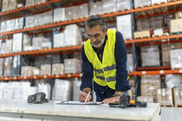 Male worker in a high visibility vest in a large warehouse checking inventory, scanning and recording goods on high shelves to ensure accurate, efficient supply chain operations