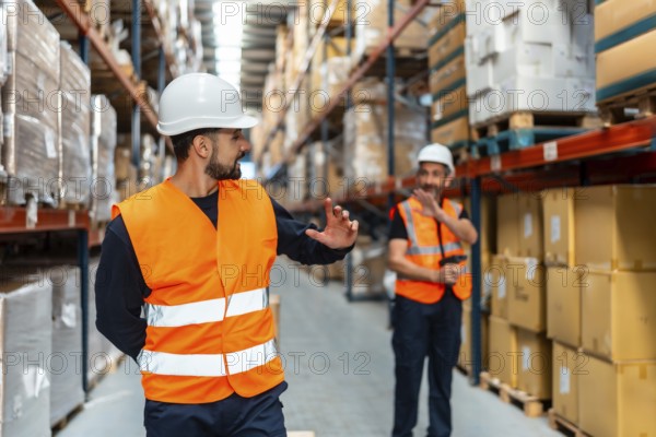 Two male warehouse workers in hard hats and safety vests discuss inventory in a busy distribution center aisle lined with high shelves of stacked boxes, showing teamwork and logistics