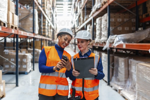Two women warehouse workers in safety hats and vests are collaborating, scanning inventory with a barcode reader and checking a clipboard in a logistics distribution center