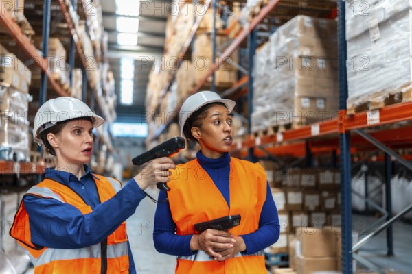 Women in hard hats and safety vests collaborate in a large warehouse, using handheld scanners to check inventory, manage incoming stock and ensure accurate supply chain flow