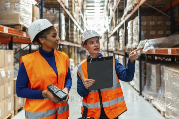 Diverse team of women workers wearing safety vests and hard hats, collaborating and pointing to racks, managing inventory and operations in a large distribution warehouse