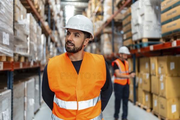 Young man wearing a hard hat and safety vest standing in a logistics warehouse with shelves stacked high with boxes, while another worker manages inventory in the background